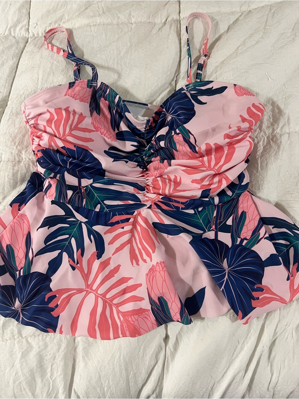 Pink Tropical Ruched Peplum Swim Top